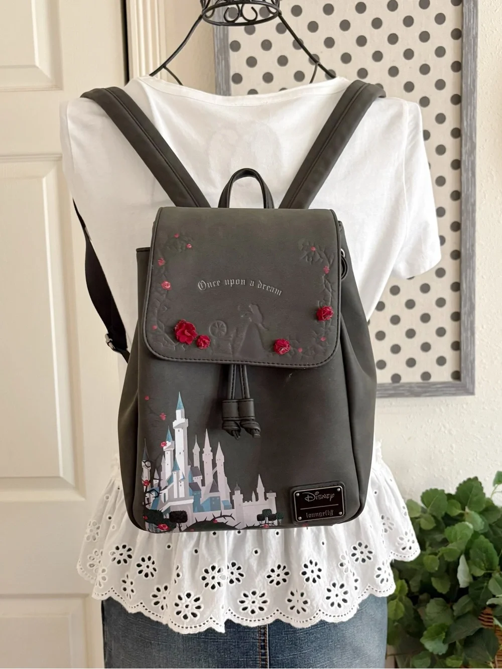 Disney Gray Floral Castle Drawstring Backpack with Red Rose Embroidery